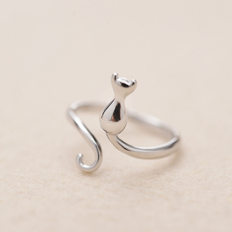 Bague en argent 925 en forme de chat - Taille ajustable