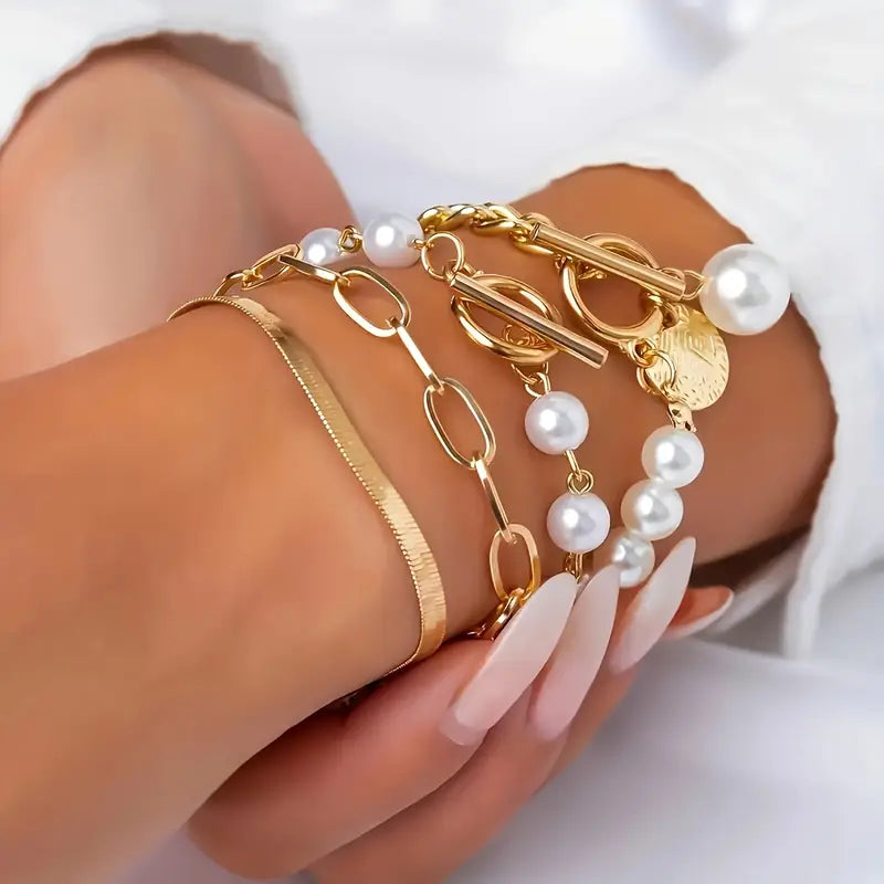 Ensemble de bracelets chic en or 4 pièces – Serpent, perles et maillons