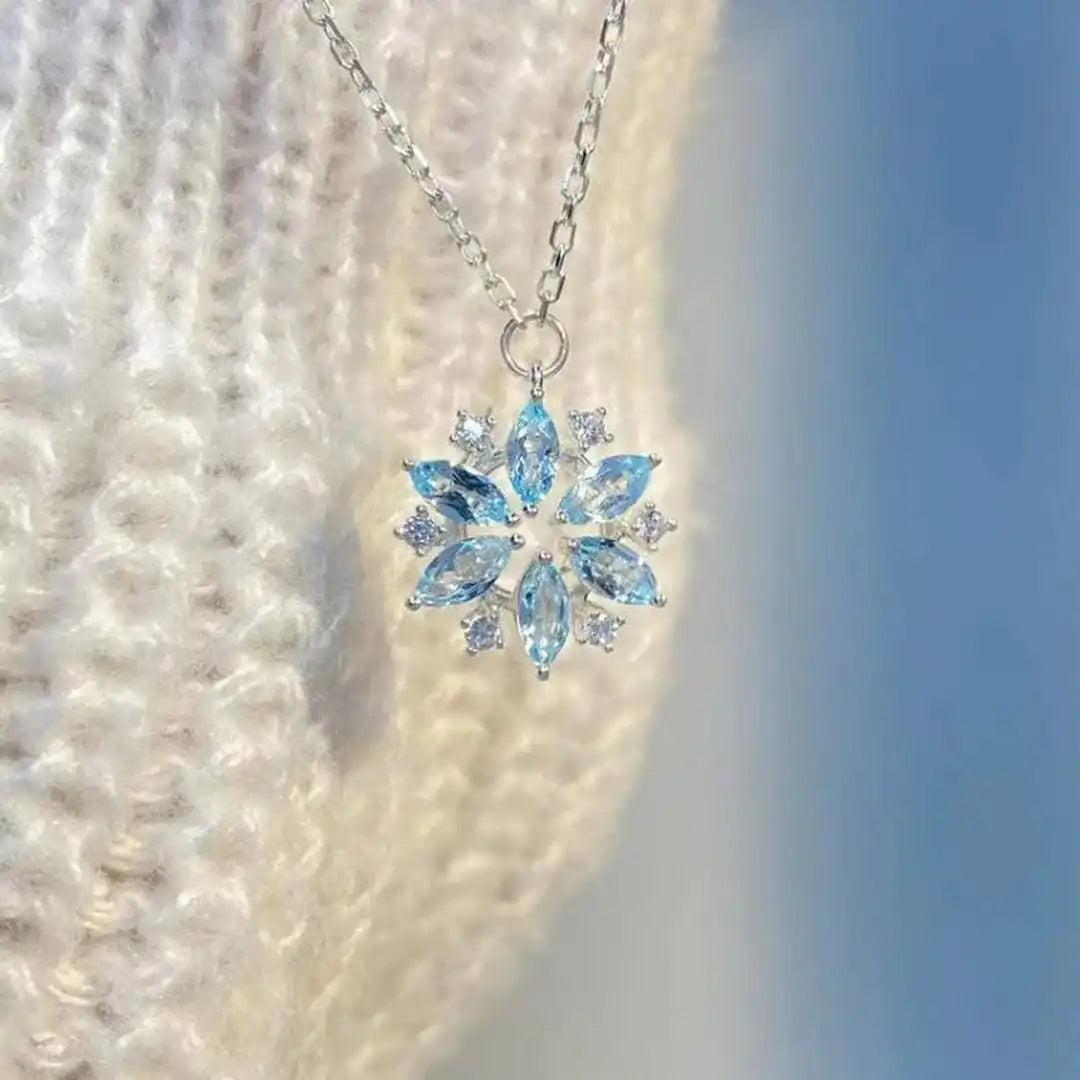 Collier Pendentif Fleur Flocon Bleu Or Blanc