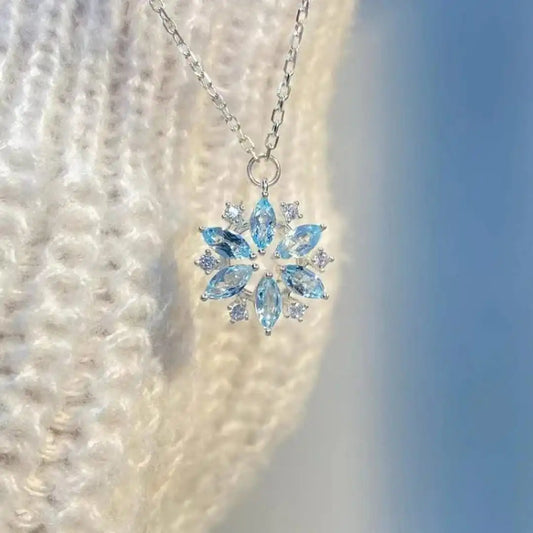 Collier Pendentif Fleur Flocon Bleu Or Blanc