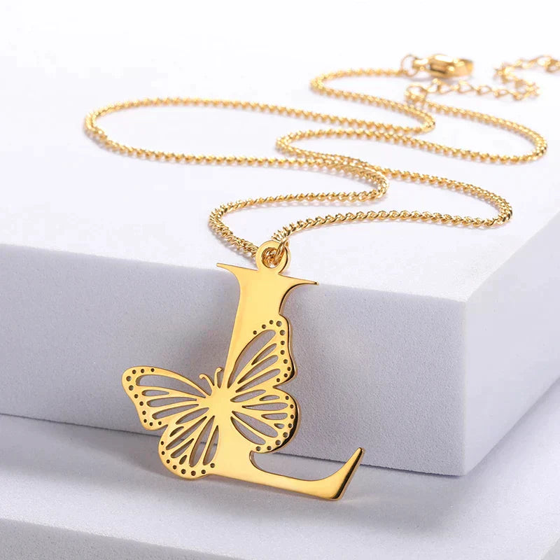 Collier initiales papillon liberté plaqué or 18 carats