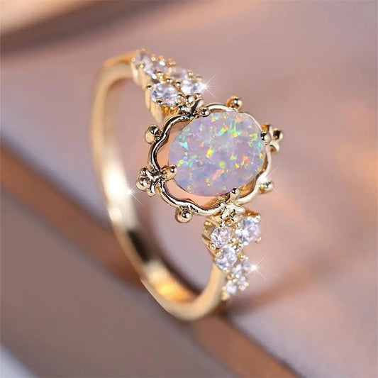 Bague Fleur Opale de Feu Ovale Blanche