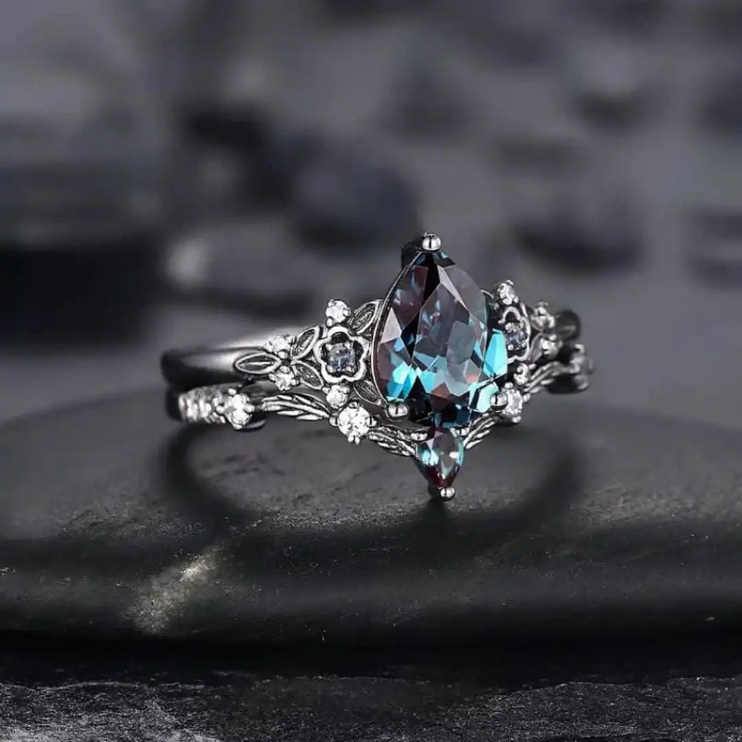 Parure de bagues Saphir Zircone Noir Gunmetal
