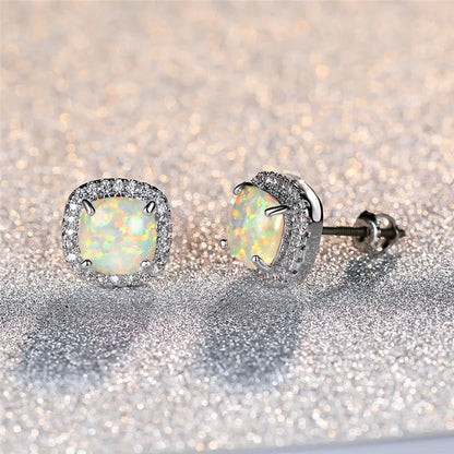 Boucles d'Oreilles Élégantes en Argent avec Opale de Feu Blanc Rond