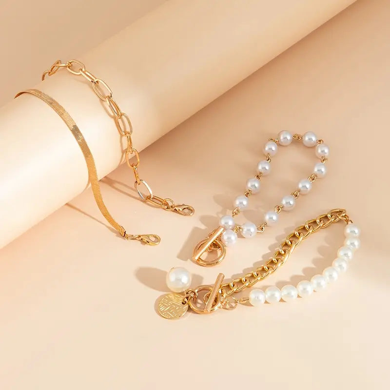 Ensemble de bracelets chic en or 4 pièces – Serpent, perles et maillons