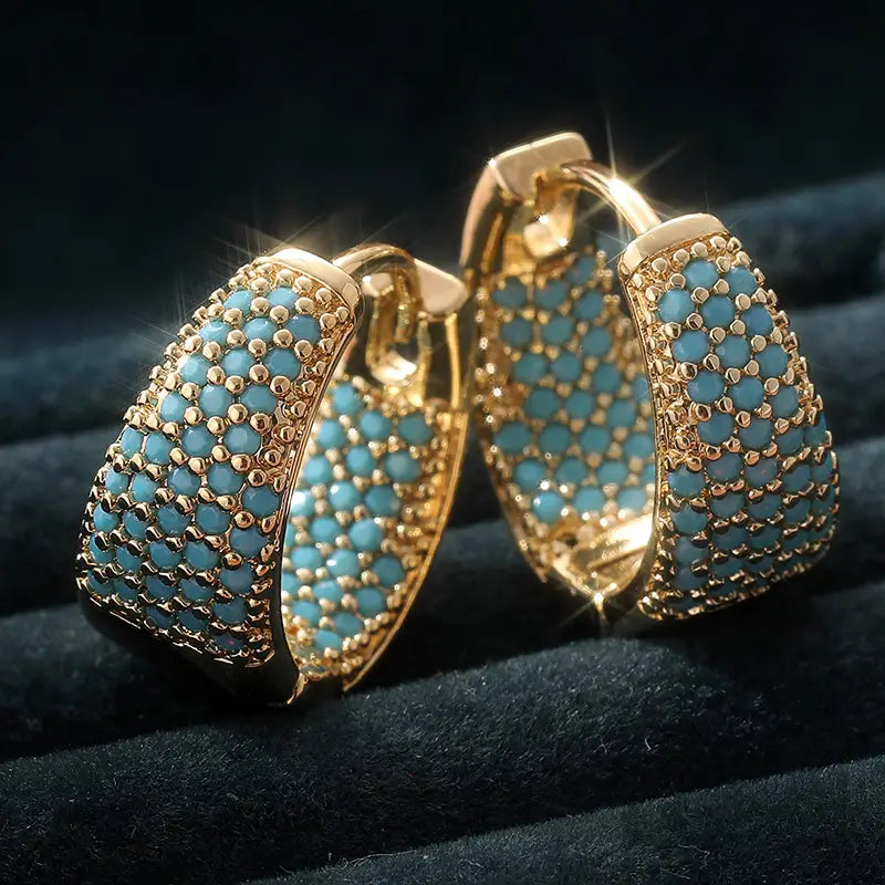 Boucles d'oreilles cercle avec Perles Turquoises en Ton Or | Or