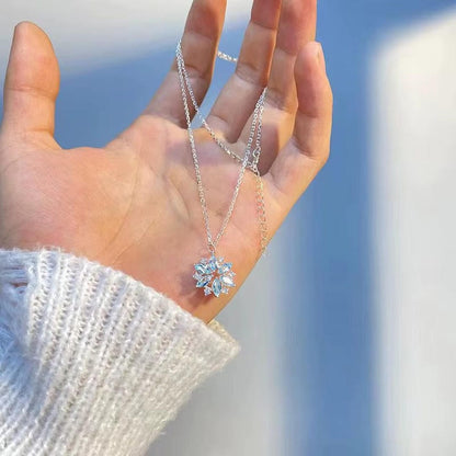 Collier Pendentif Fleur Flocon Bleu Or Blanc