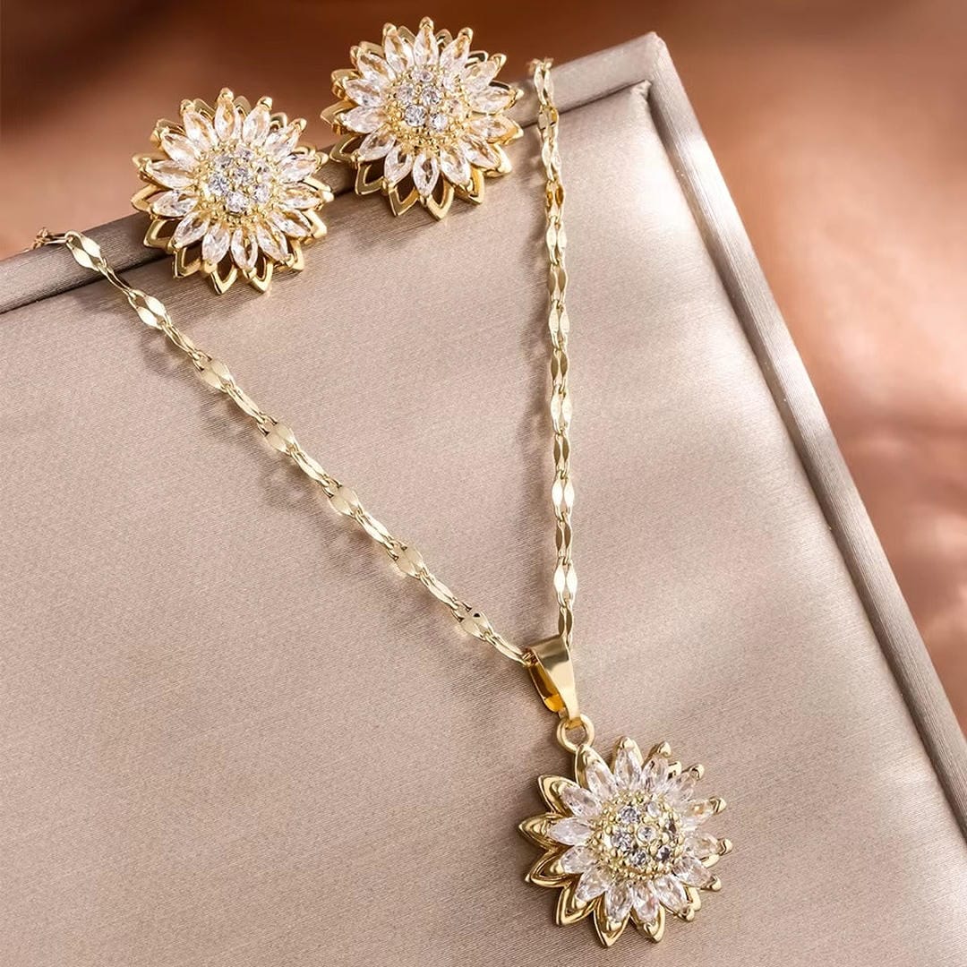 Parure Collier et Boucles Tournesol Zircone Argenté