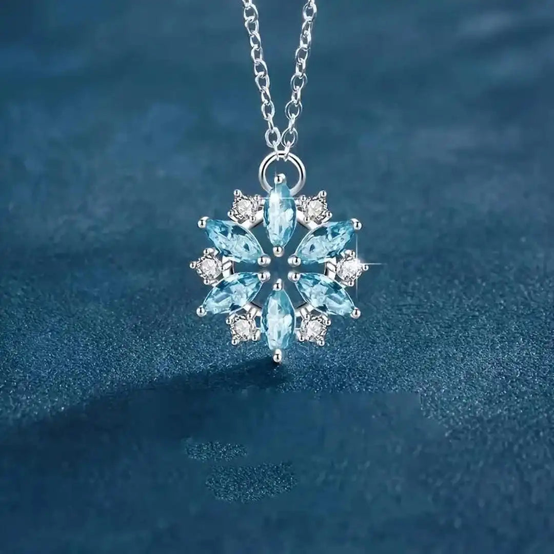 Collier Pendentif Fleur Flocon Bleu Or Blanc